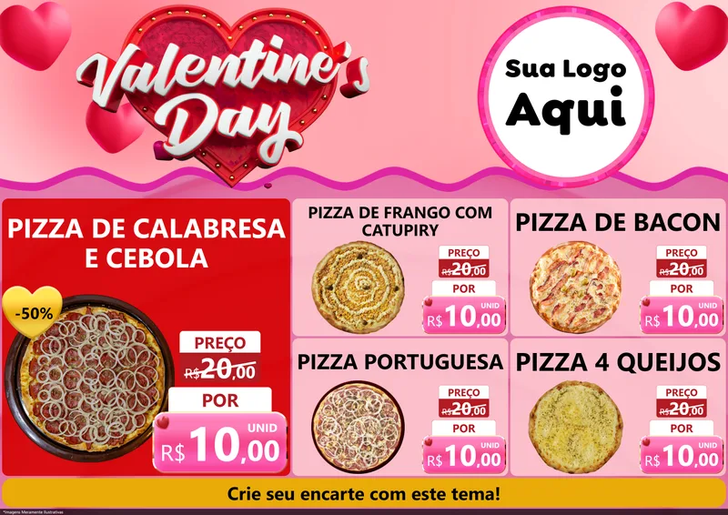 Modelo de Encarte para Encarte A4 Horizontal com o tema Valentine's Day para Pizzaria