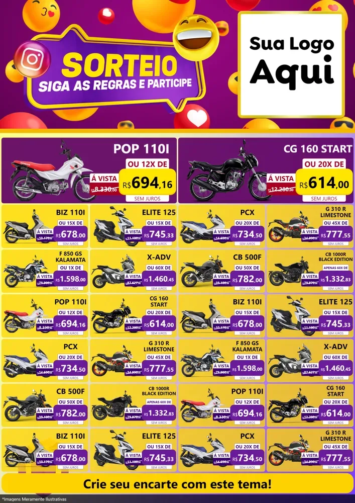 Modelo de Encarte para Encarte A4 Vertical com o tema Sorteio para Concessionaria de Motos