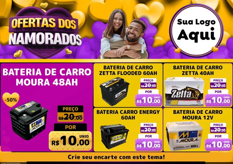 Modelo de Encarte para Encarte A4 Horizontal com o tema Oferta Dos Namorados para Baterias Elétricas