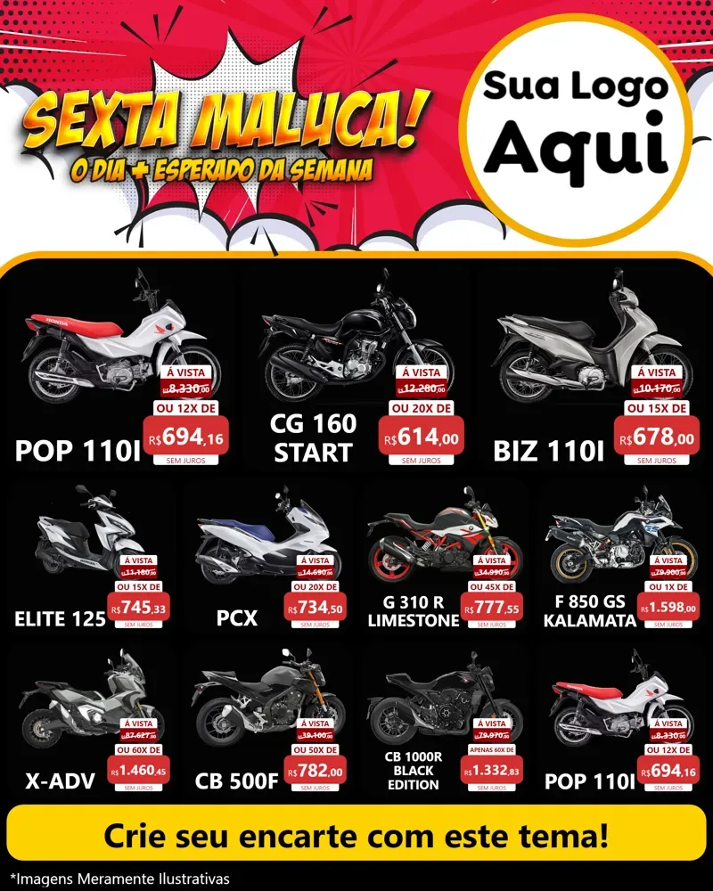 Modelo de Rede Social para Feed Instagram com o tema Sexta Maluca! para Concessionaria de Motos