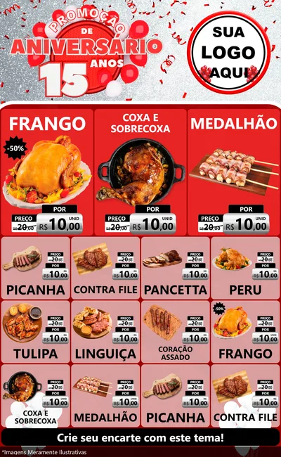 Modelo de Encarte para Encarte Grande com o tema Promoção de Aniversário - 15 Anos para Assados