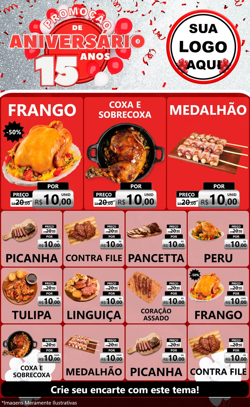 Modelo de Encarte para Encarte Grande com o tema Promoção de Aniversário - 15 Anos para Assados
