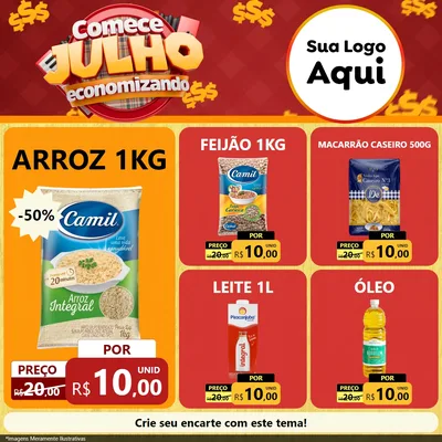 Modelo de Rede Social para Feed Facebook com o tema Comece Julho Economizando para Supermercado