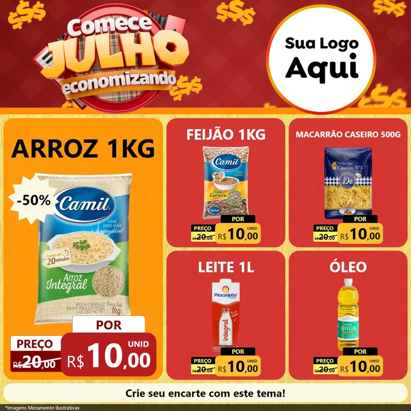 Modelo de Rede Social para Feed Facebook com o tema Comece Julho Economizando para Supermercado