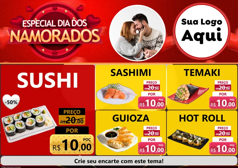 Modelo de Encarte para Encarte A4 Horizontal com o tema Especial Dia Dos Namorados para Comida japonesa