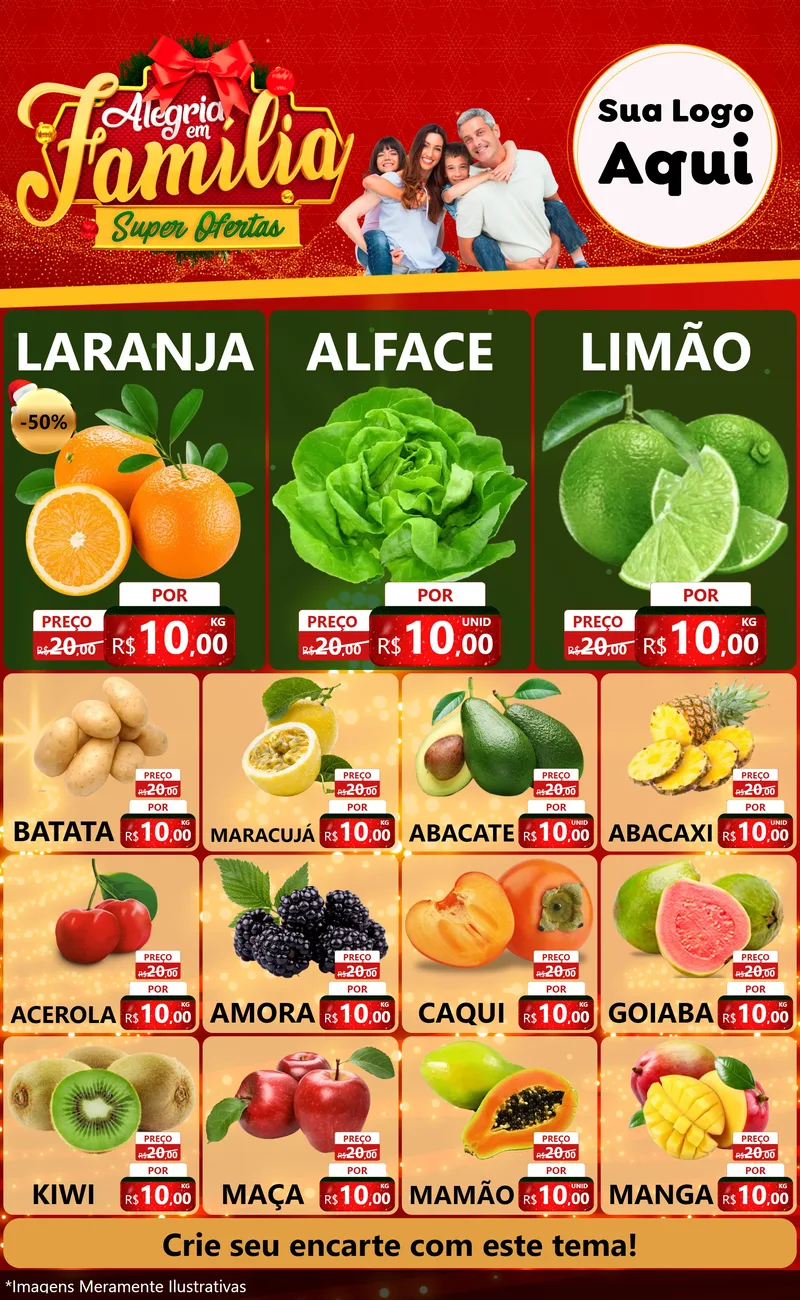 Modelo de Encarte para Encarte Grande com o tema Alegria em Família Super Ofertas - Natal para Hortifrúti