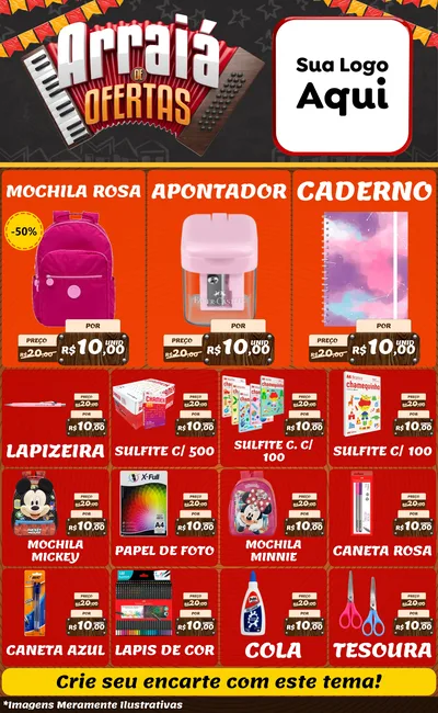 Modelo de Encarte para Encarte Grande com o tema Arraiá de Ofertas - Junina para Papelaria
