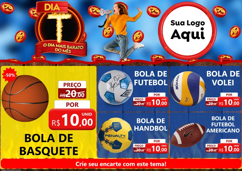 Modelo de Encarte para Encarte A4 Horizontal com o tema Dia T - O Dia Mais Barato Do Mês para Artigos Esportivos