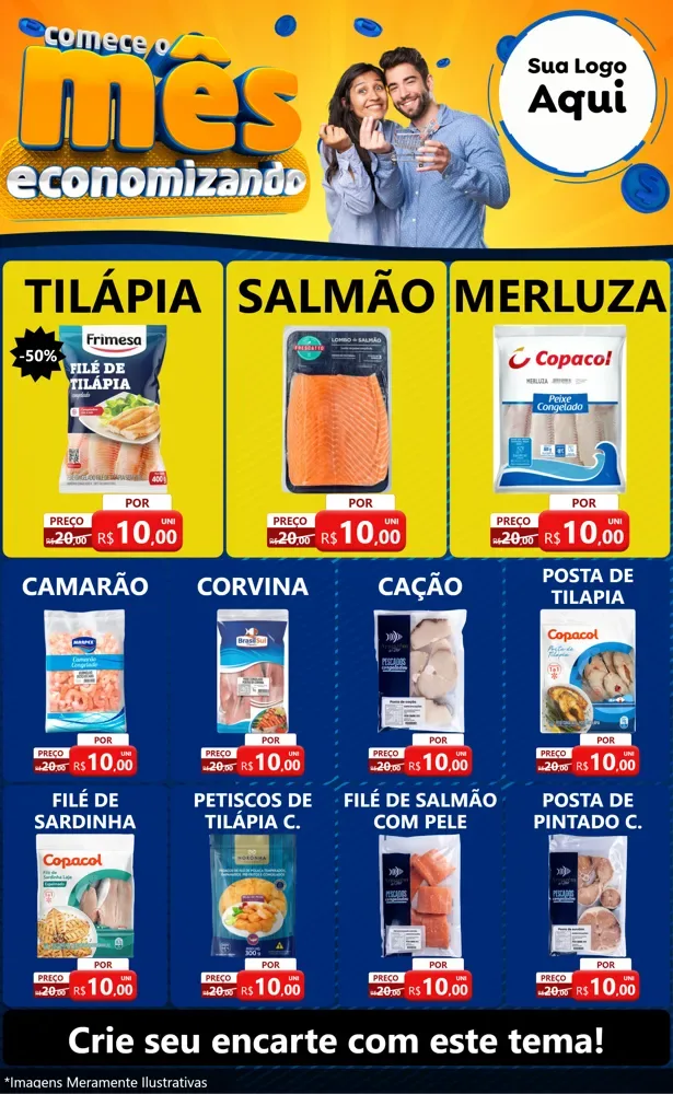 Modelo de Encarte para Encarte Grande com o tema Comece O Mês Economizando para Peixaria