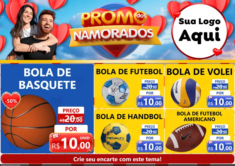 Modelo de Encarte para Encarte A4 Horizontal com o tema Promo dos Namorados para Artigos Esportivos