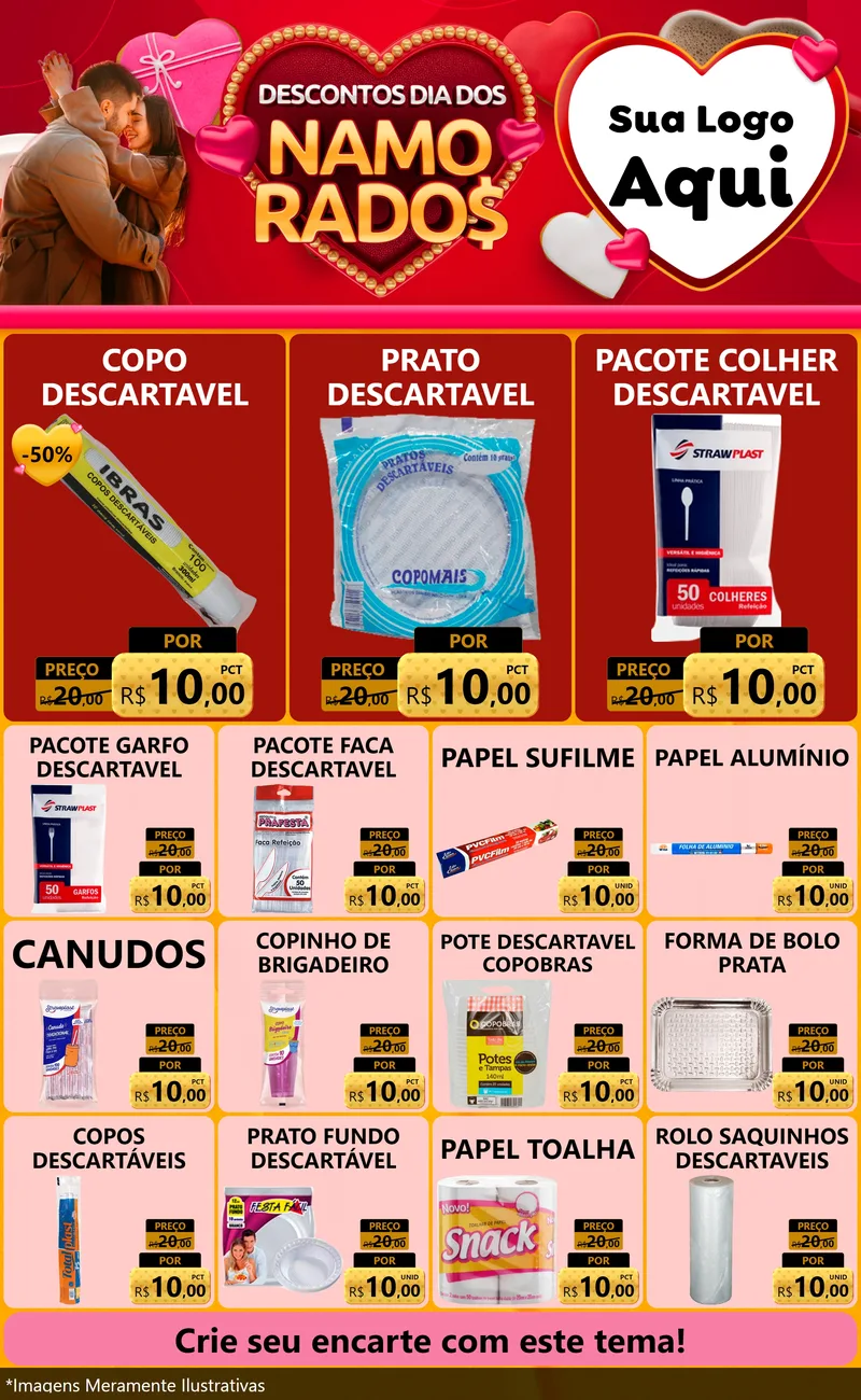 Modelo de Encarte para Encarte Grande com o tema Descontos Dia dos Namorados para Embalagens