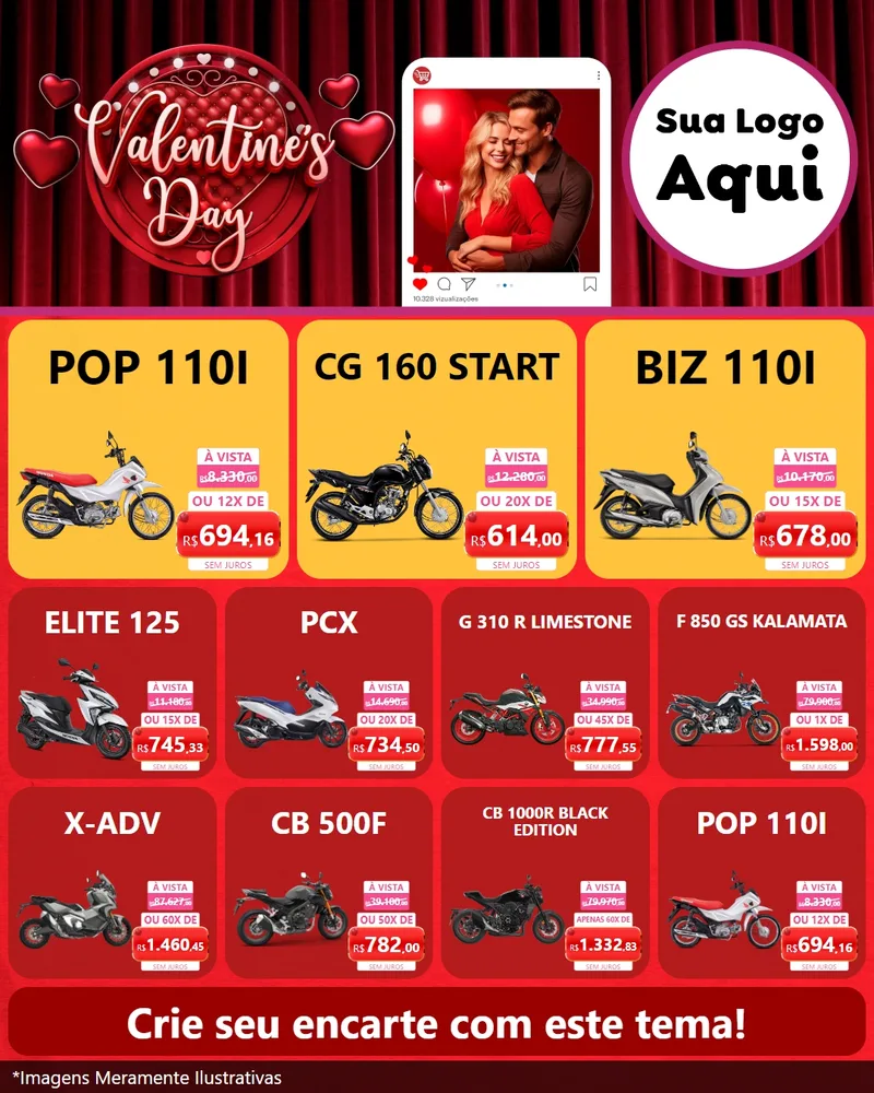 Modelo de Rede Social para Feed Instagram com o tema Valentine's Day para Concessionaria de Motos