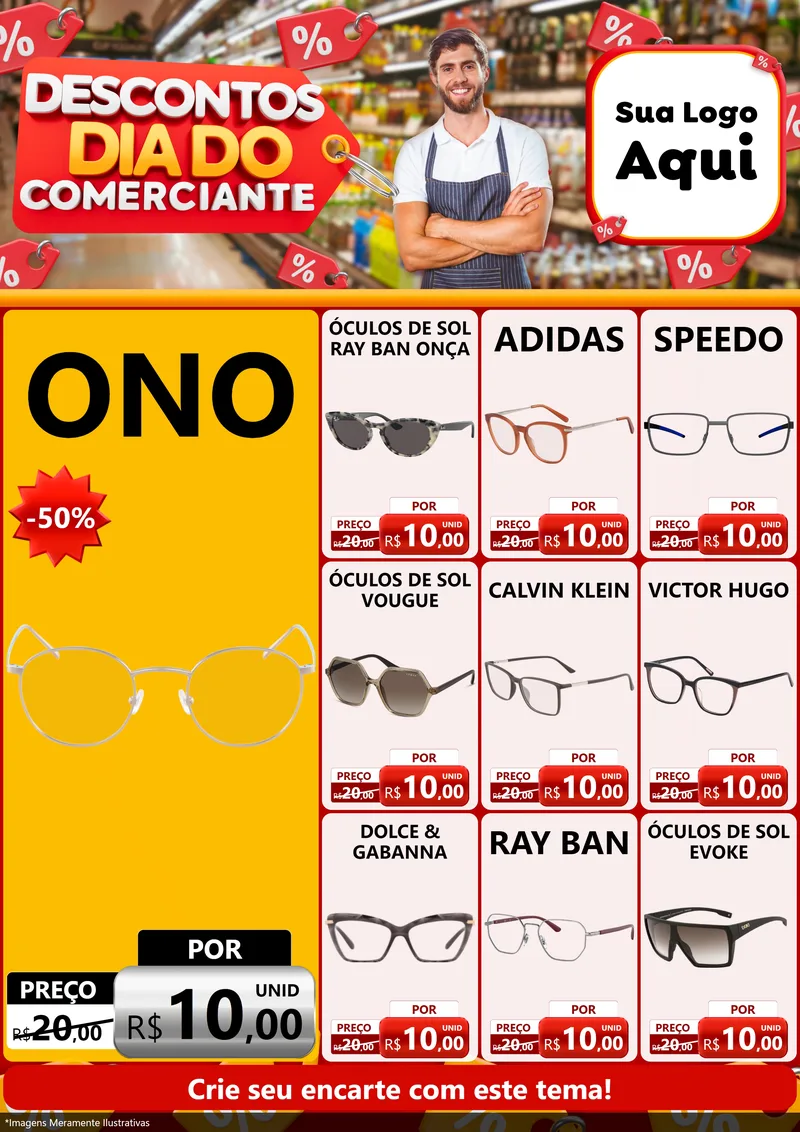 Modelo de Encarte para Encarte A4 Vertical com o tema Descontos Dia do Comerciante para Óticas