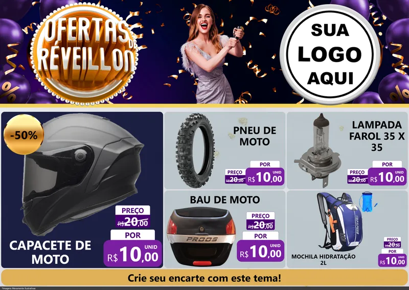 Modelo de Encarte para Encarte A4 Horizontal com o tema Ofertas de Réveillon para Moto peças