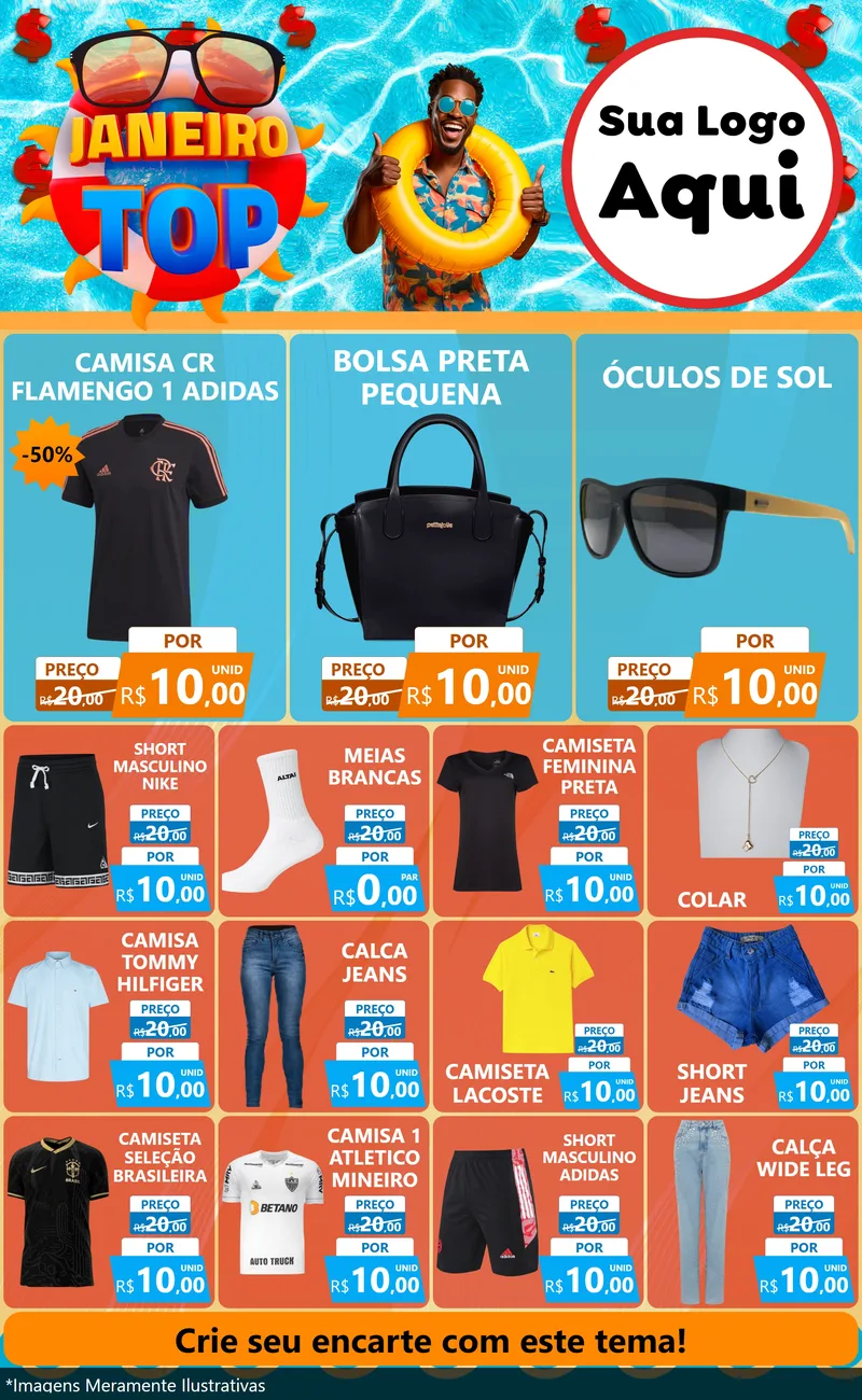 Modelo de Encarte para Encarte Grande com o tema Janeiro Top para Roupas e acessórios