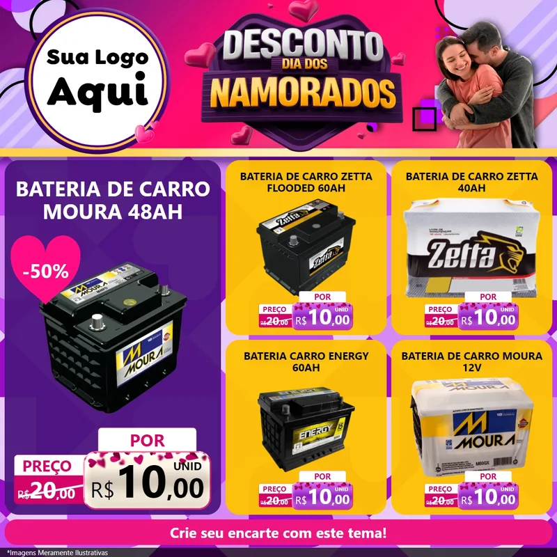 Modelo de Rede Social para Feed Facebook com o tema Desconto Dia dos Namorados para Baterias Elétricas