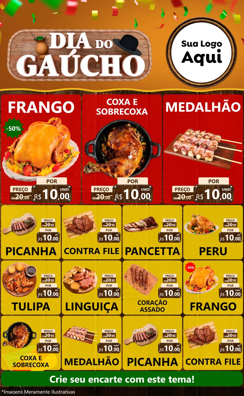 Modelo de Encarte para Encarte Grande com o tema Dia do Gaúcho para Assados