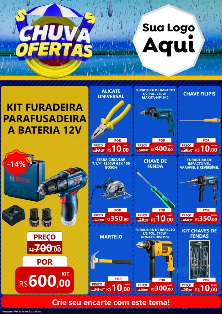 Modelo de Encarte para Encarte A4 Vertical com o tema Chuva de Ofertas para Maquinas e Ferramentas