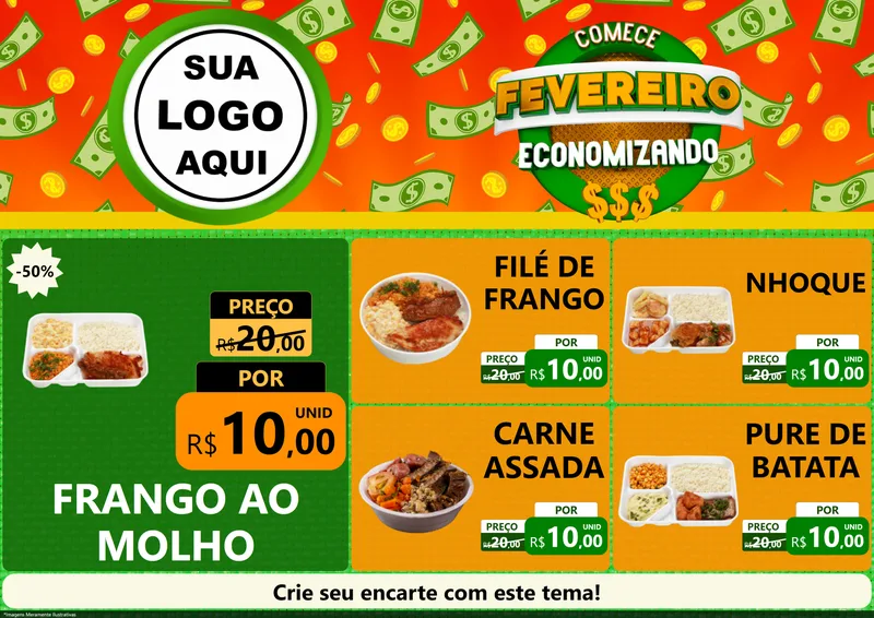 Modelo de Encarte para Encarte A4 Horizontal com o tema Comece Fevereiro Economizando para Restaurante