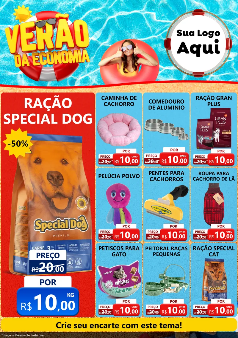 Modelo de Encarte para Encarte A4 Vertical com o tema Verão da Economia para Pet Shop