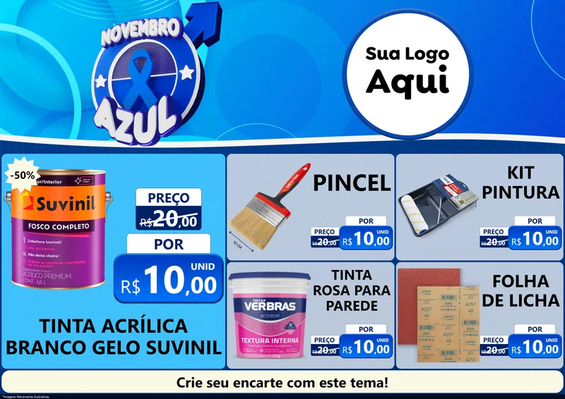 Modelo de Encarte para Encarte A4 Horizontal com o tema Novembro Azul para Tintas e Ferramentas