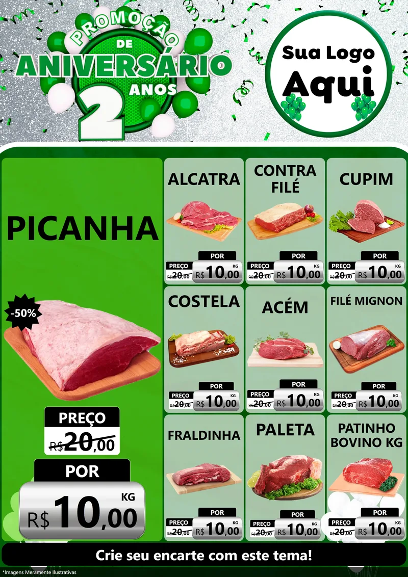 Modelo de Encarte para Encarte A4 Vertical com o tema Promoção de Aniversário - 2 Anos para Açougue