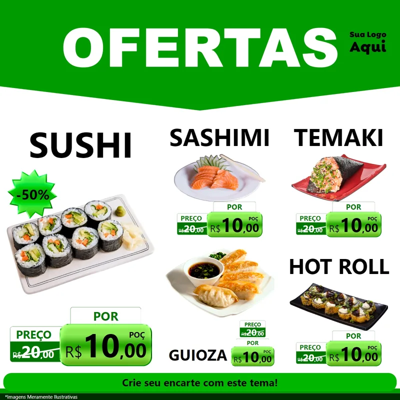 Modelo de Rede Social para Feed Facebook com o tema Ofertas Verde Cartaz para Comida japonesa