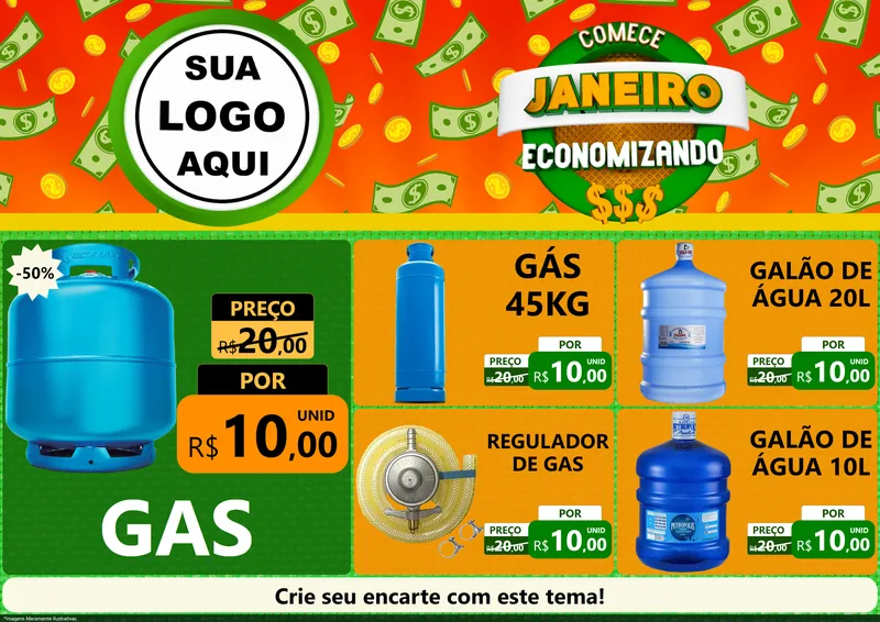 Modelo de Encarte para Encarte A4 Horizontal com o tema Comece Janeiro Economizando para Água e gás
