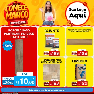 Modelo de Rede Social para Feed Facebook com o tema Comece Março Economizando para Pisos e revestimentos