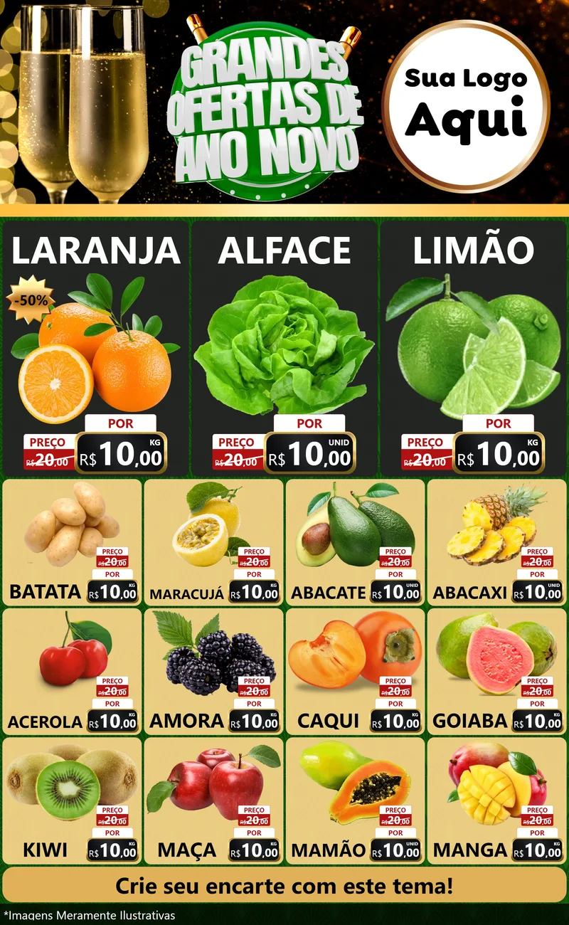 Modelo de Encarte para Encarte Grande com o tema Grandes Ofertas de Ano Novo para Hortifrúti