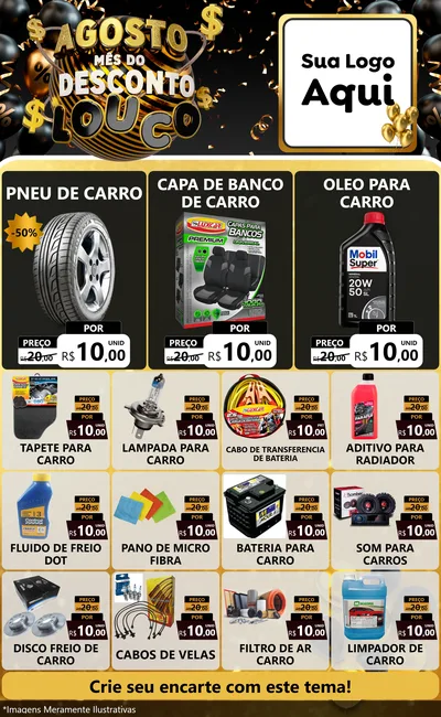 Modelo de Encarte para Encarte Grande com o tema Agosto Mês do Desconto Louco para Auto peças