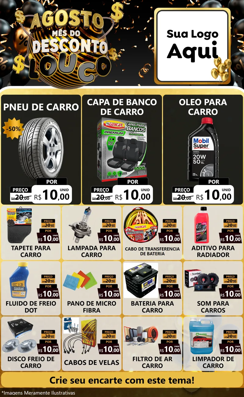 Modelo de Encarte para Encarte Grande com o tema Agosto Mês do Desconto Louco para Auto peças