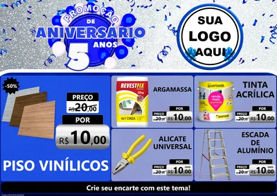 Modelo de Encarte para Encarte A4 Horizontal com o tema Promoção de Aniversário - 5 Anos para Material para Construção