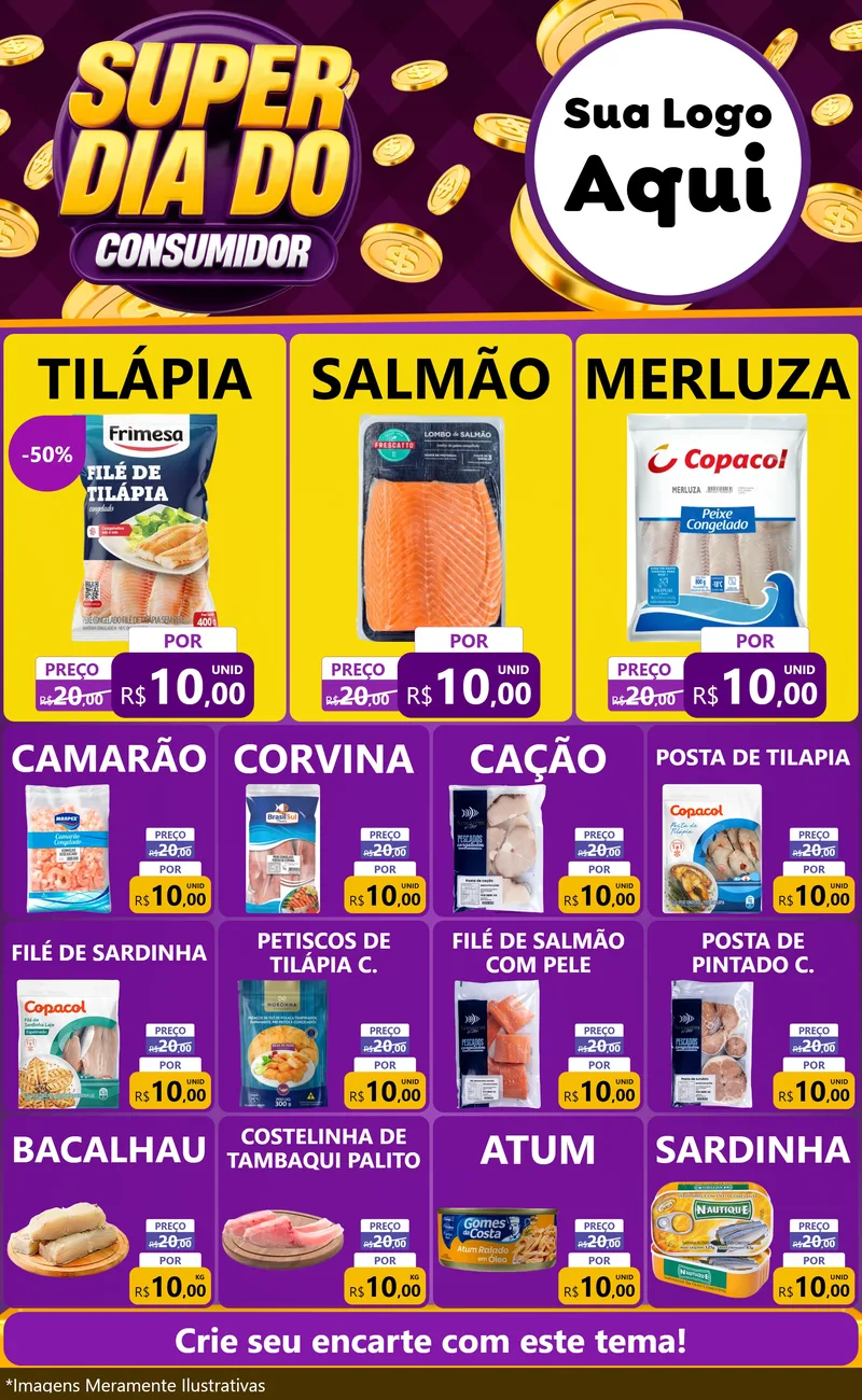 Modelo de Encarte para Encarte Grande com o tema Super Dia do Consumidor para Peixaria