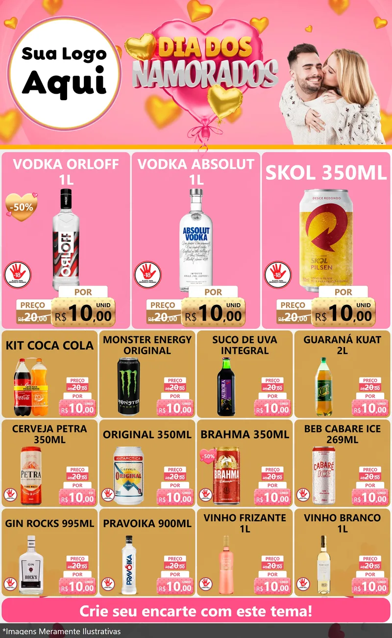 Modelo de Encarte para Encarte Grande com o tema Dia dos Namorados para Distribuidora de bebidas