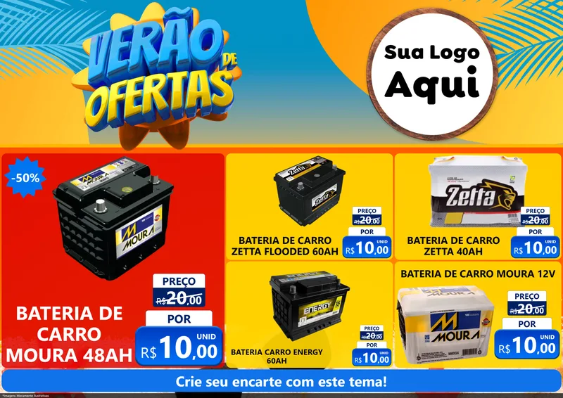Modelo de Encarte para Encarte A4 Horizontal com o tema Verão de Ofertas para Baterias Elétricas
