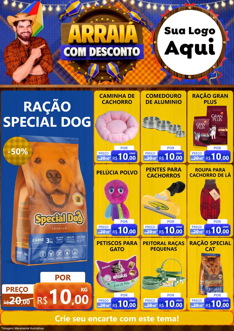 Modelo de Encarte para Encarte A4 Vertical com o tema Arraiá Com Desconto para Pet Shop