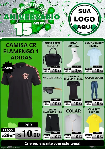 Modelo de Encarte para Encarte A4 Vertical com o tema Promoção de Aniversário - 15 Anos para Roupas e acessórios