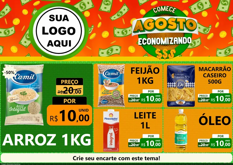 Modelo de Encarte para Encarte A4 Horizontal com o tema Comece Agosto Economizando para Supermercado