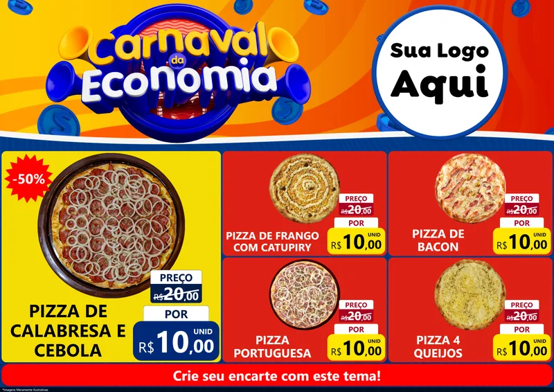 Modelo de Encarte para Encarte A4 Horizontal com o tema Carnaval da Economia para Pizzaria