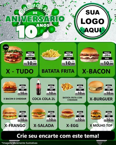 Modelo de Rede Social para Feed Instagram com o tema Promoção de Aniversário - 10 Anos para Hamburgueria