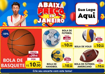Modelo de Encarte para Encarte A4 Horizontal com o tema Abaixa Preço em Janeiro para Artigos Esportivos