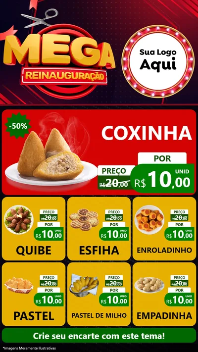 Modelo de Rede Social para Stories com o tema Mega Reinauguração para Salgadaria