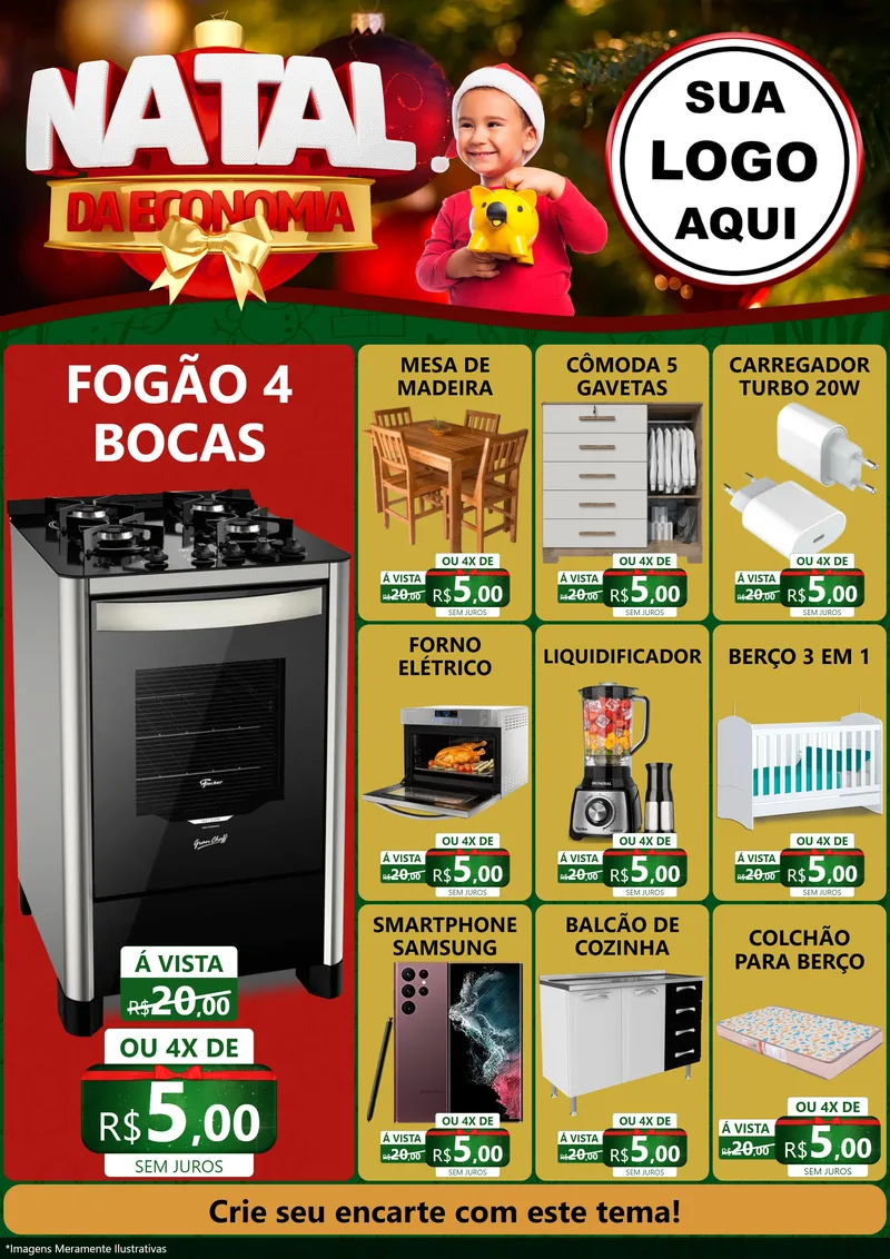 Modelo de Encarte para Encarte A4 Vertical com o tema Natal da Economia para Móveis e Eletro