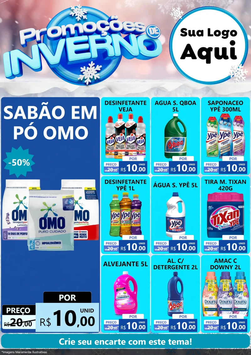 Modelo de Encarte para Encarte A4 Vertical com o tema Promoções de Inverno para Produtos de Limpeza