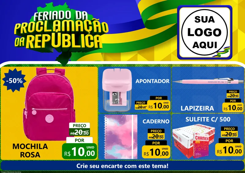 Modelo de Encarte para Encarte A4 Horizontal com o tema Feriado da Proclamação da República para Papelaria