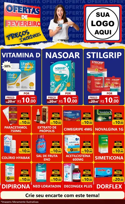 Modelo de Encarte para Encarte Grande com o tema Ofertas de Fevereiro - Preços Incríveis para Farmácia