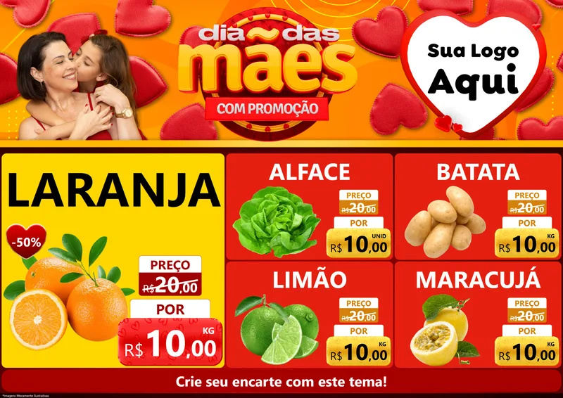 Modelo de Encarte para Encarte A4 Horizontal com o tema Dia das Mães com Promoção para Hortifrúti