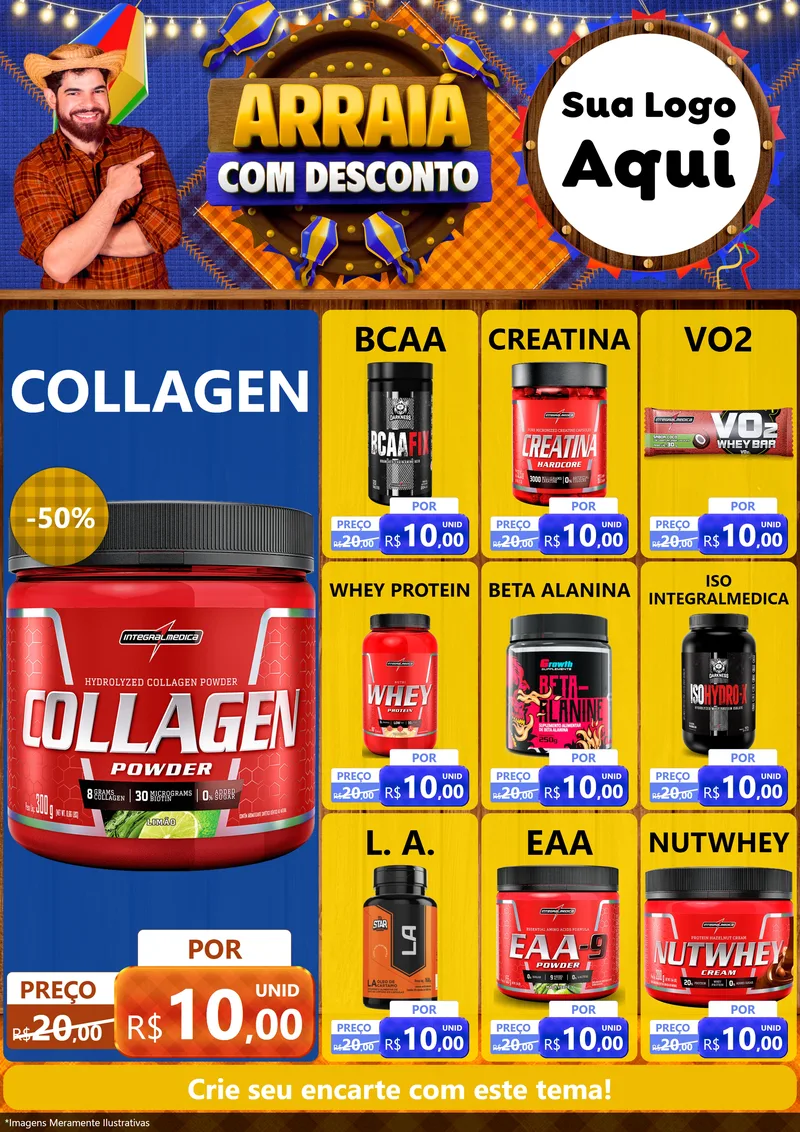 Modelo de Encarte para Encarte A4 Vertical com o tema Arraiá Com Desconto para Suplementos alimentares
