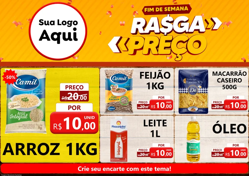 Modelo de Encarte para Encarte A4 Horizontal com o tema Fim de Semana Rasga Preços para Supermercado